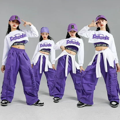 Purple cargo pants with white drawstring waistband and silver studs for children street dance and kids streetwear group sets