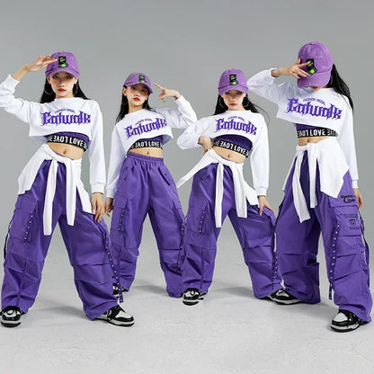 Purple cargo pants with white drawstring waistband and silver button accents for children street dance kids streetwear group