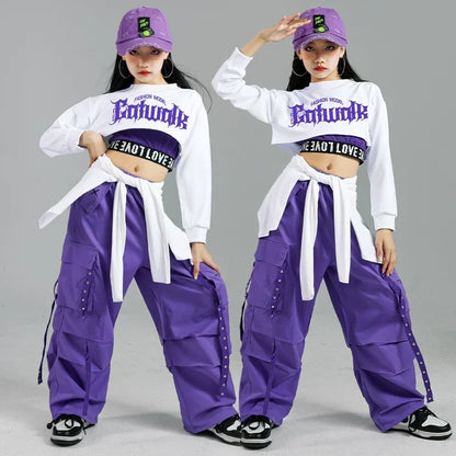 Purple cargo pants with white drawstring ties and silver buttons designed for children street dance and kids streetwear group outfits