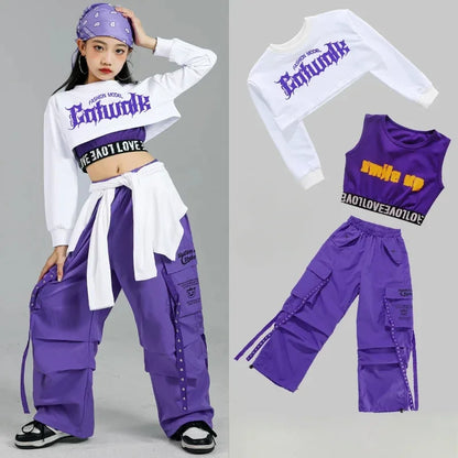 Purple cargo pants with side zippers and studded trim designed for children street dance and kids streetwear group sets