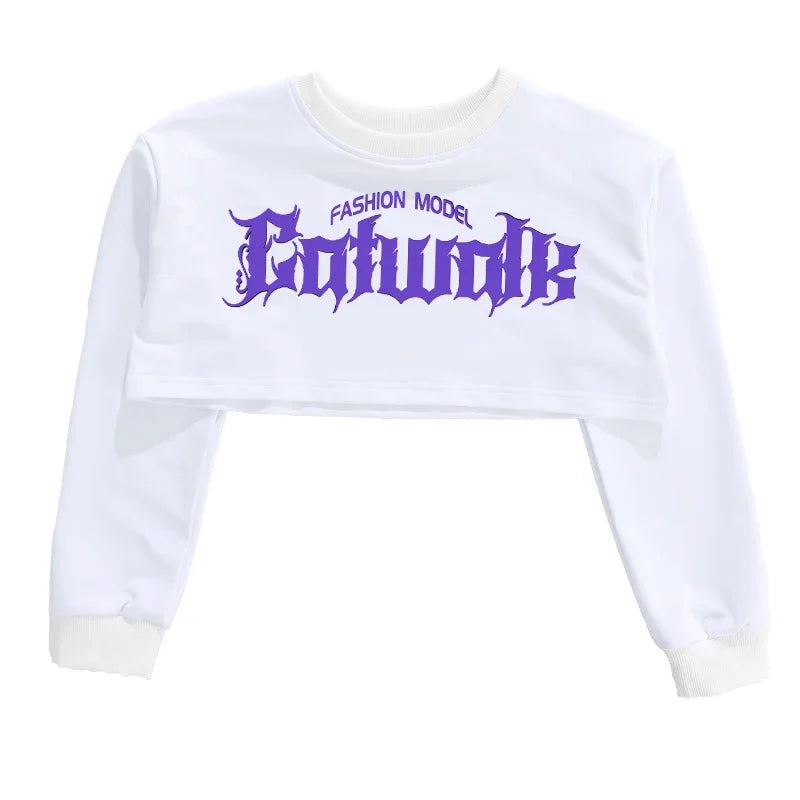 White cropped long-sleeve sweatshirt with purple gothic catwalk lettering for children street dance and kids streetwear group
