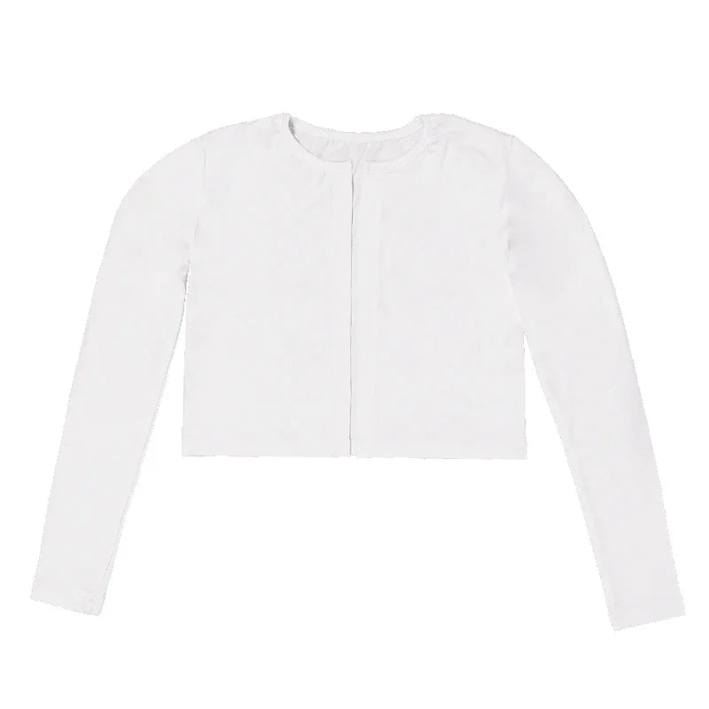 White long-sleeved cropped cardigan with front zipper and rounded neckline for kids streetwear group and children street dance