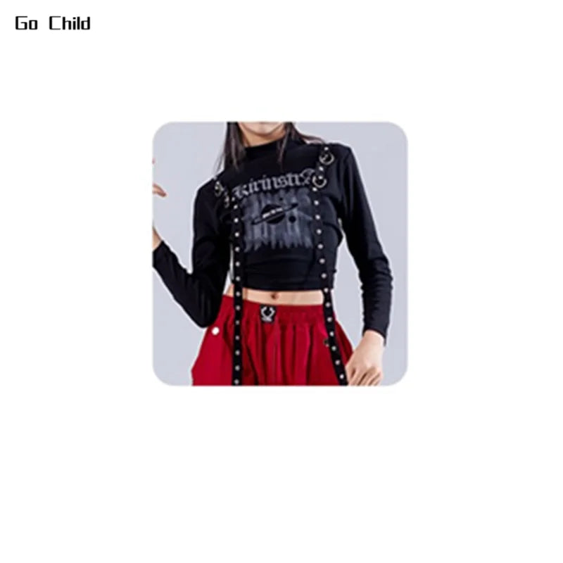 Black long-sleeved crop top with silver studs graphic print and adjustable straps for hip hop girls street dance cargo look