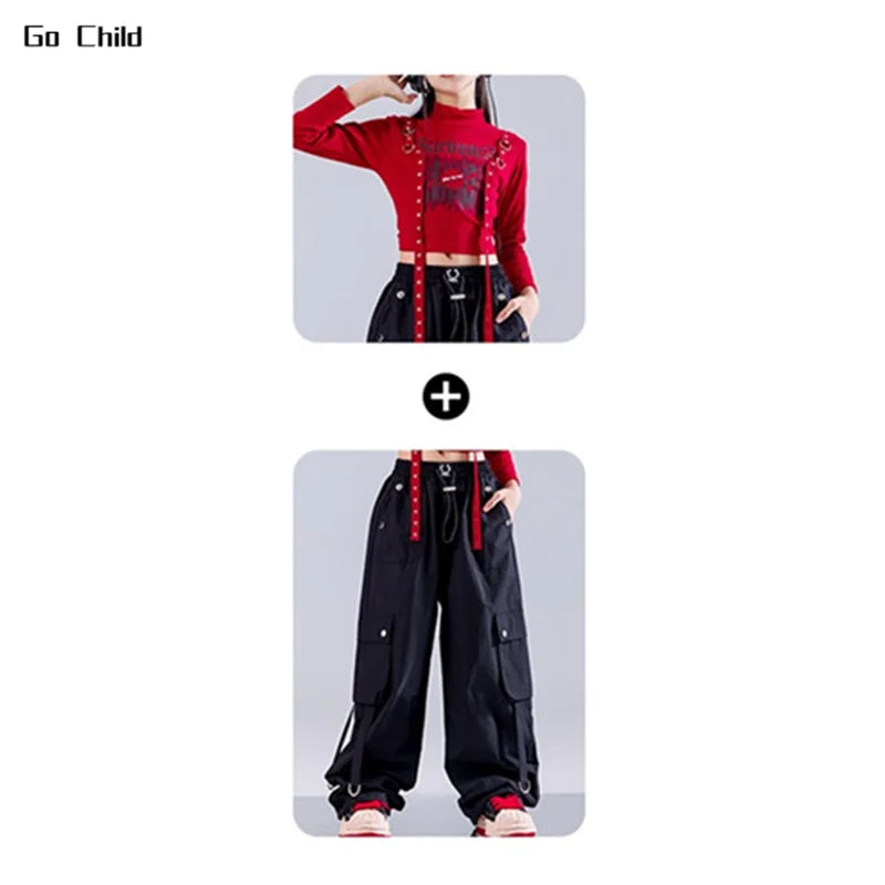 Red long-sleeved crop top with black studded detailing and front zipper for hip hop girls street dance cargo style