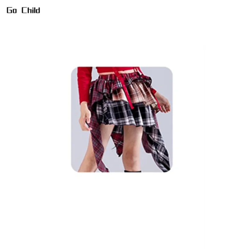 Layered plaid skirt with red black and white patterns for hip hop girls street dance cargo and jazz girl group outfits