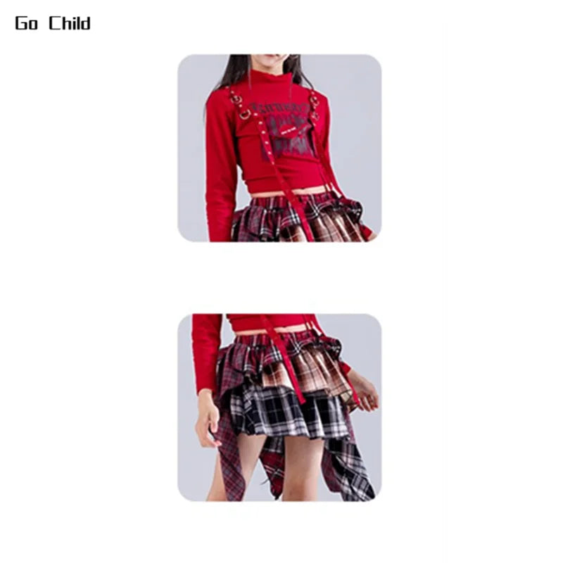 Red high-neck long-sleeve crop top with black and red plaid accents and straps for hip hop girls street dance cargo looks