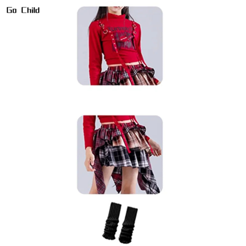 Red cropped turtleneck top paired with black and red plaid skirt and black ribbed leg warmers for hip hop girls street dance cargo outfits