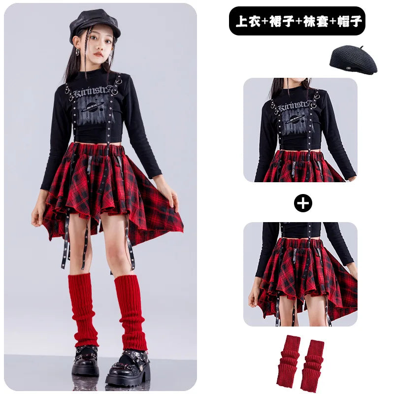 Black and red plaid asymmetrical skirt with black straps and metal hardware for hip hop girls street dance cargo style