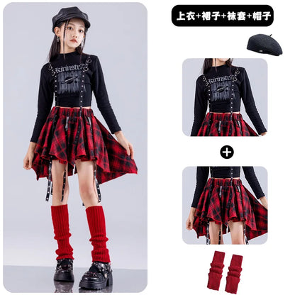 Black and red plaid asymmetrical skirt with black straps and metal hardware for hip hop girls street dance cargo style