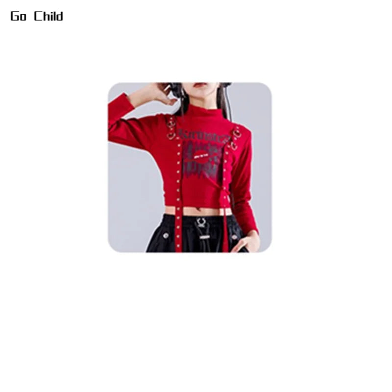 Red long-sleeved crop top with black graphic and silver studs for hip hop girls street dance cargo fashion