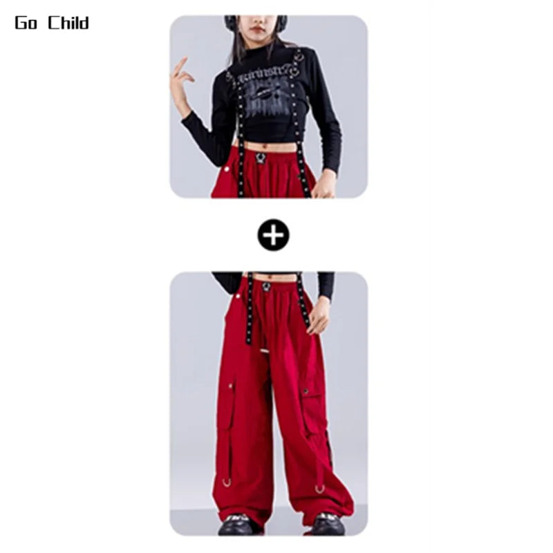 Red cargo pants with black studded suspenders and multiple pockets for hip hop girls street dance cargo fashion
