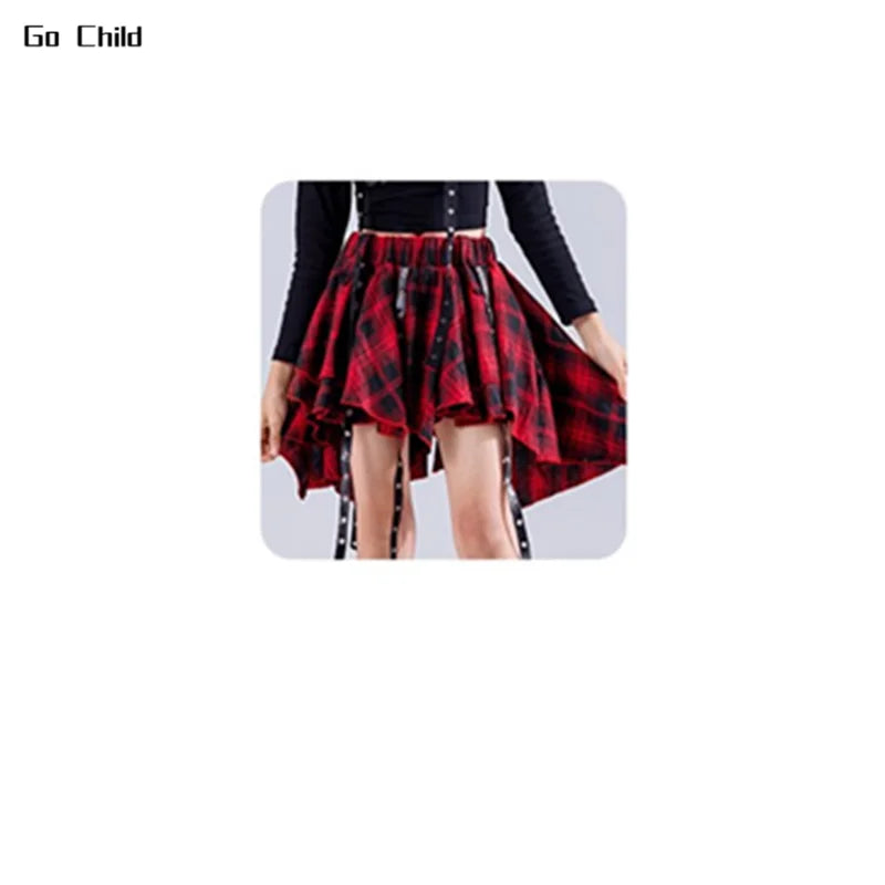 Red and black plaid high-low skirt with adjustable straps for hip hop girls street dance cargo and jazz girl group outfits