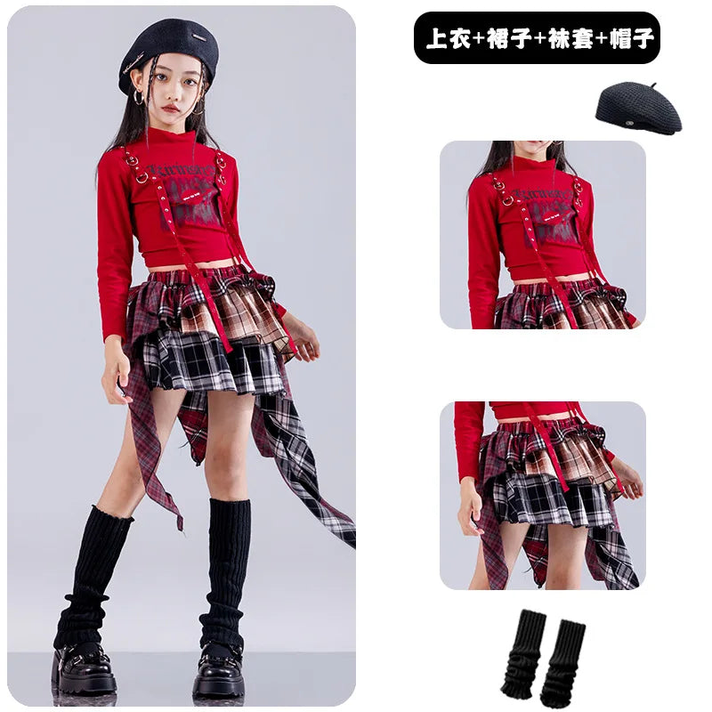 Red long-sleeved crop top with black metal rings and straps for hip hop girls street dance cargo and jazz girl group sets