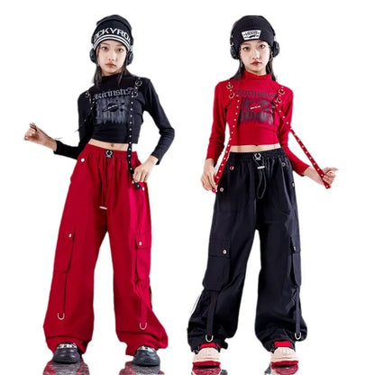Red and black hip hop girls street dance cargo pants with multiple pockets metal rings and adjustable drawstrings for jazz girl group style