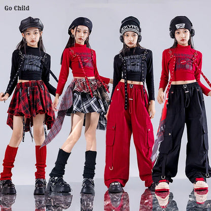 Red and black plaid skirt with layered ruffle hem for hip hop girls street dance cargo and jazz girl group outfits