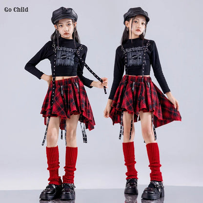 Red and black plaid asymmetrical skirt with black straps and silver studs for hip hop girls street dance cargo style