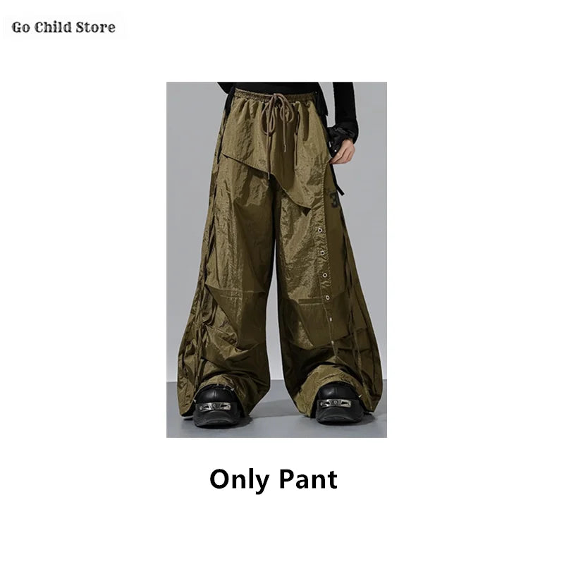 Olive green glossy fabric loose fit cargo pants kids with side button details for girl group streetwear and street dance clothes