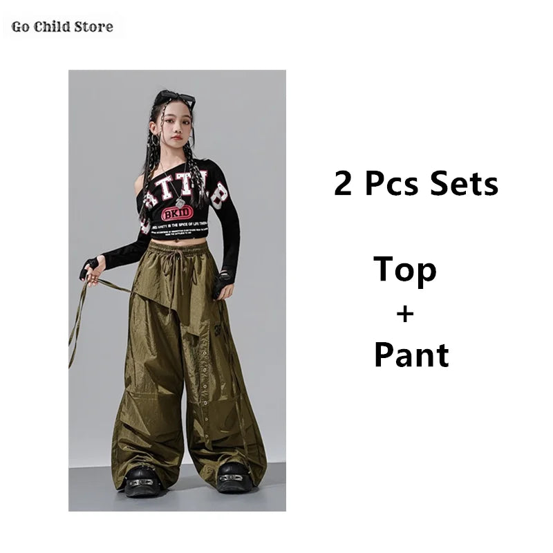Olive green satin cargo pants with buttoned side pockets and drawstring waistband for cargo pants kids street dance clothes
