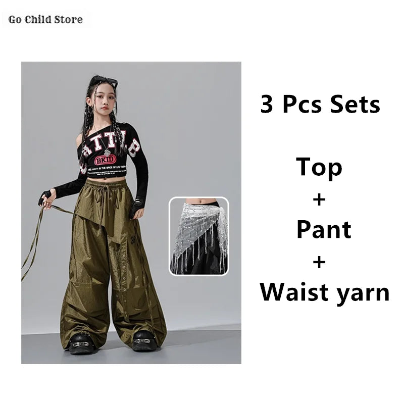 Olive green satin wide-leg cargo pants kids with drawstring waist and front buttons for girl group streetwear