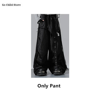 Black wide-leg cargo pants kids with drawstring waist and button detailing for girl group streetwear and street dance clothes
