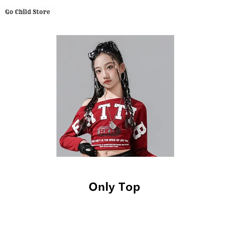 Red long-sleeved crop top with white lettering and graphic design for girl group streetwear and street dance clothes
