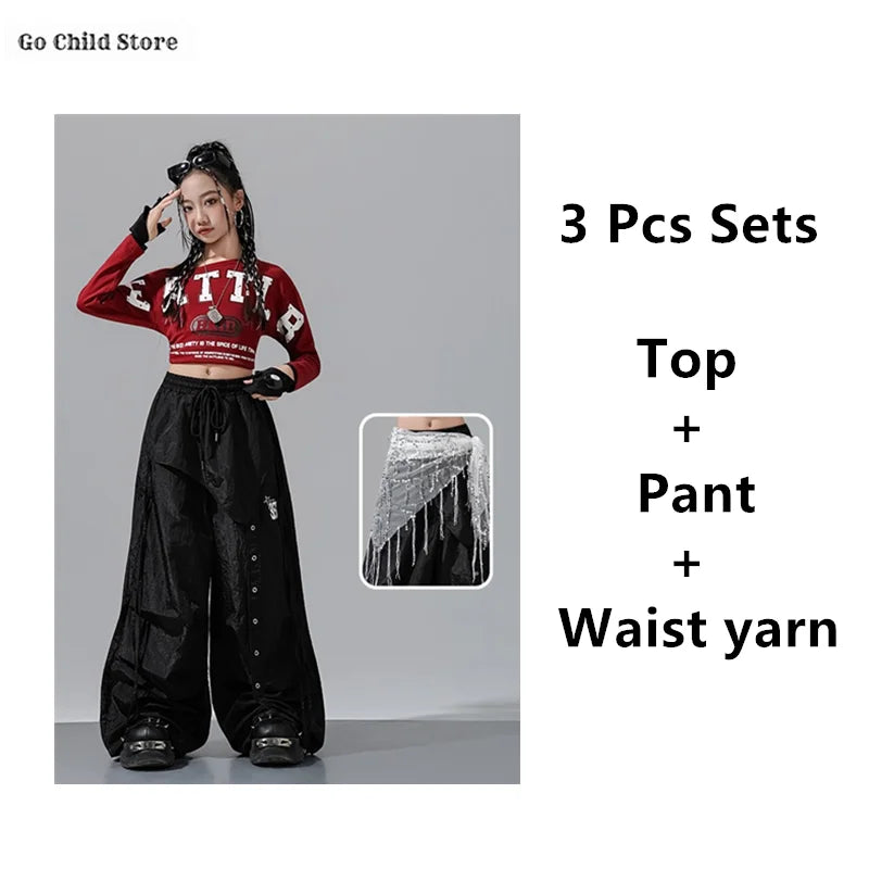 Black wide-leg cargo pants kids with drawstring waist and vertical button detailing for girl group streetwear