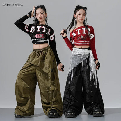 Olive green cargo pants kids with drawstring waist and buttoned side panels for girl group streetwear and street dance clothes