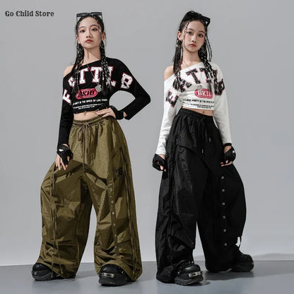 Olive green satin wide-leg cargo pants kids with side button detailing for girl group streetwear and street dance clothes