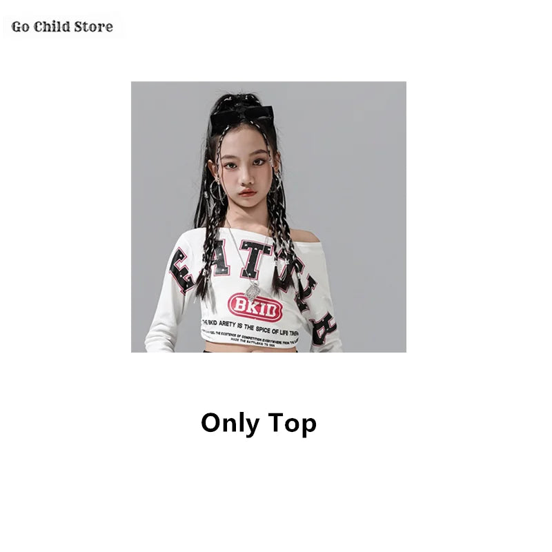 White off the shoulder long sleeved top with black and red graphic print for girl group streetwear and street dance clothes