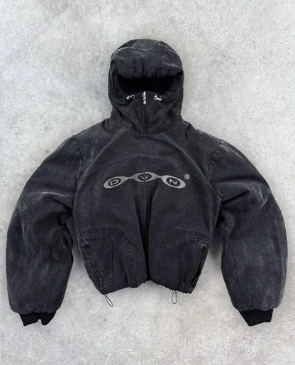 Black distressed denim hooded jacket with silver chain-link logo for women y2k retro streetwear hip hop graphic style