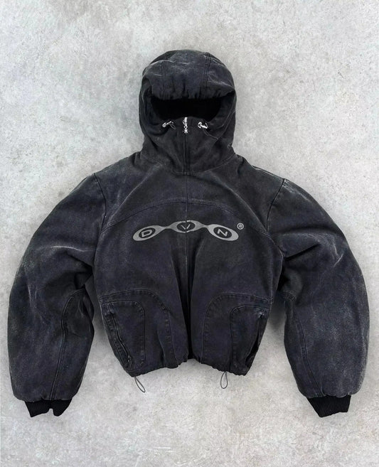 Black distressed denim hooded jacket with silver chain-link logo for women y2k retro streetwear hip hop graphic style