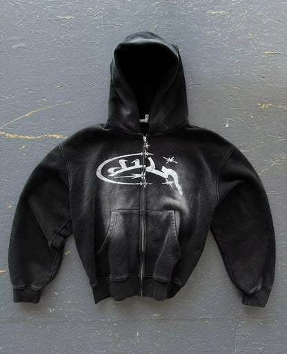 Black zip-up hoodie with white hip hop graphic print for women y2k retro streetwear unisex loose sweatshirt