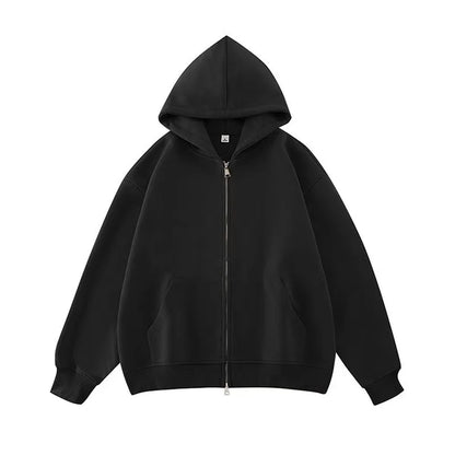 Black zip-up hoodie with oversized fit and ribbed cuffs for women y2k retro streetwear and hip hop graphic style