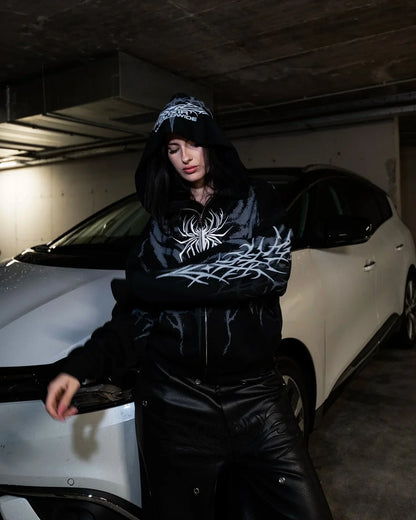 Black hoodie with white spider tribal graphics, hooded design, front zipper, hip hop graphic women y2k retro streetwear