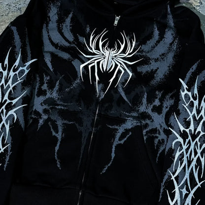 Black zip-up hoodie with bold white spider and silver-gray tribal patterns for women y2k retro streetwear hip hop graphic style