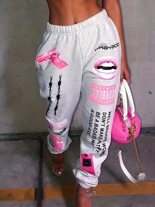 Light gray hip-hop graphic sweatpants for women featuring bold pink prints of gun lips barbed wire and a distressed ripped design