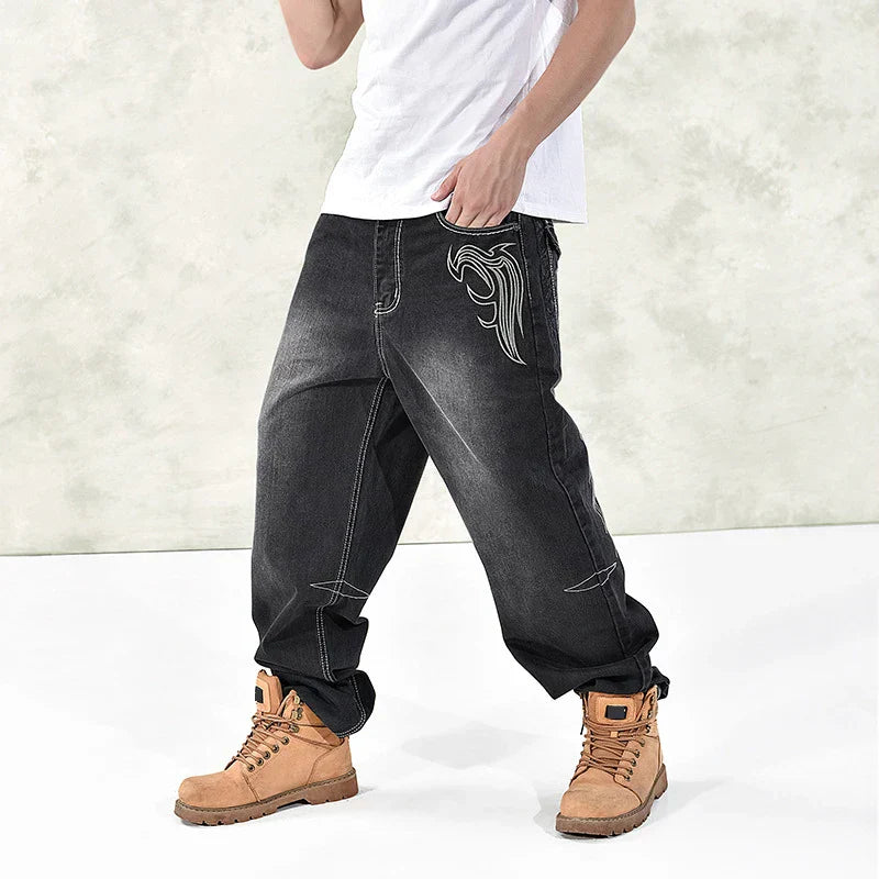 Black denim hip hop graphics embroidered jeans with white tribal design for fat guy skateboard pants streetwear