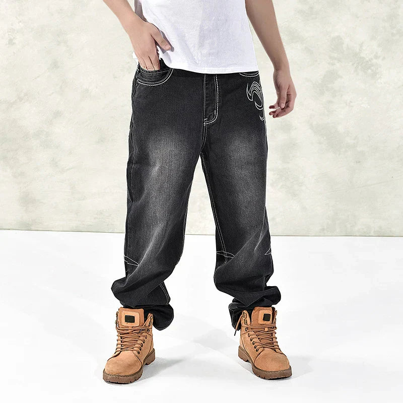 Black denim hip hop graphics embroidered jeans with white stitching and subtle thigh design fat guy skateboard pants streetwear