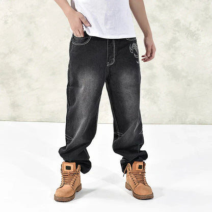 Black denim hip hop graphics embroidered jeans with white stitching and subtle thigh design fat guy skateboard pants streetwear
