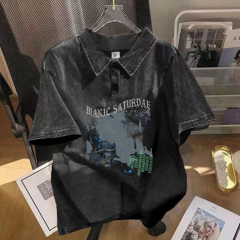 Black distressed denim polo shirt with faded hip hop graphics and buttoned collar men’s vintage polo tee tops summer streetwear