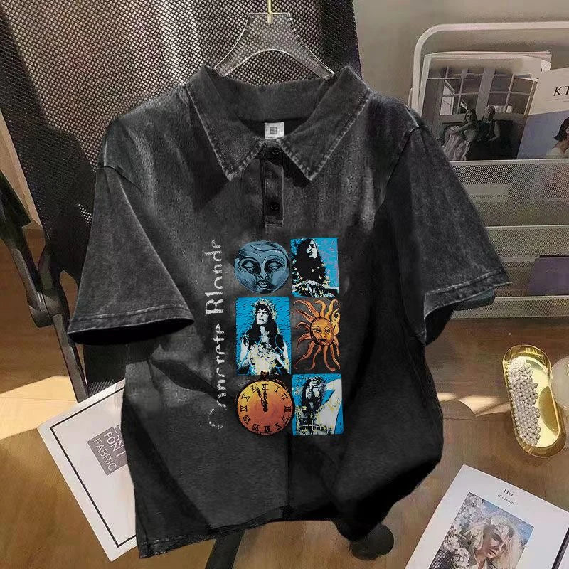 Black denim-like short-sleeved men vintage polo with hip hop graphics print for tee tops summer streetwear