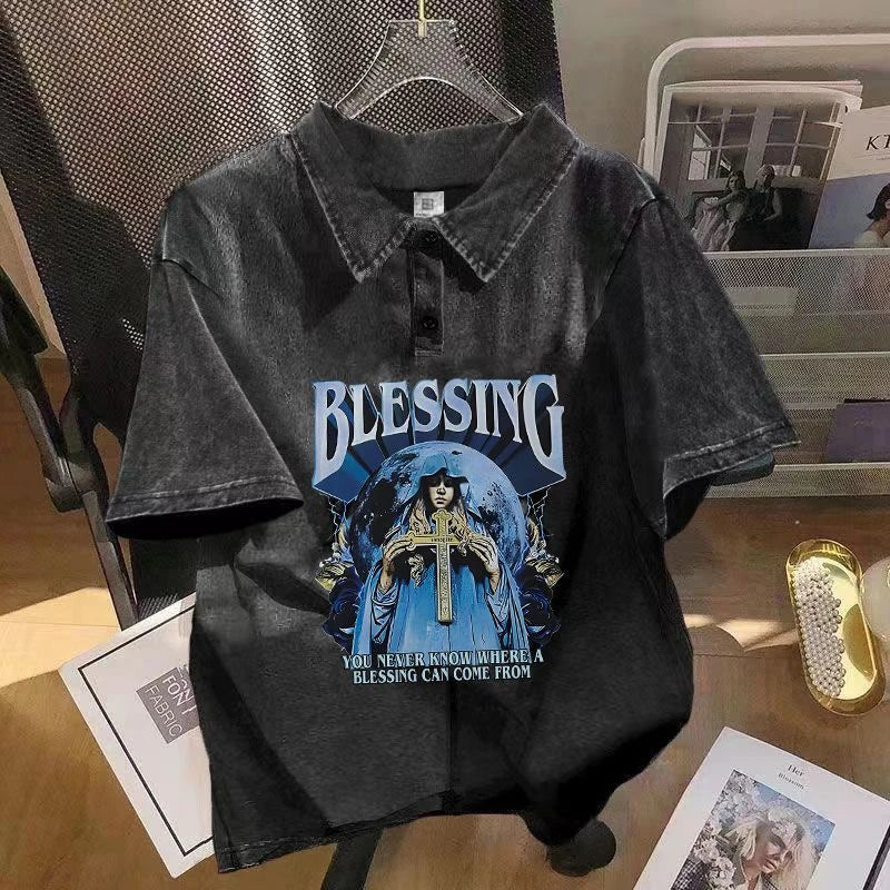 Black denim-like men vintage polo shirt with blue hip hop graphics print blessing figure cross for tee tops summer streetwear