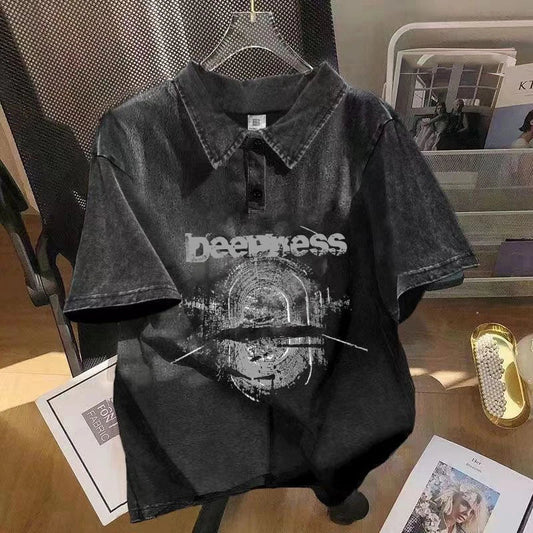 Black distressed denim men vintage polo shirt with hip hop graphics print and faded white deepness design tee tops summer