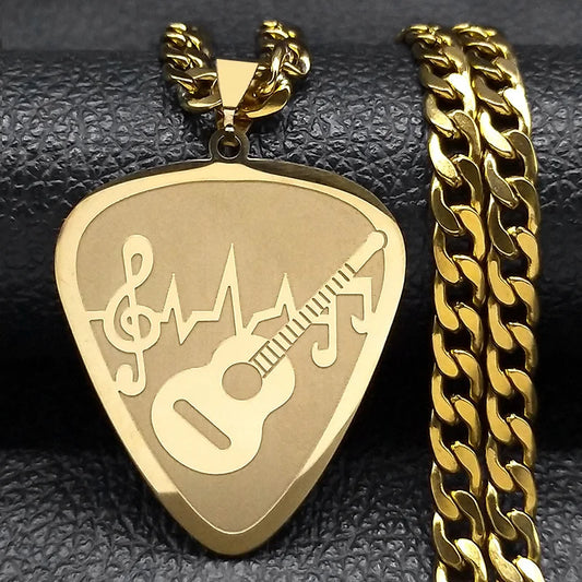 Gold-colored stainless steel gold plated guitar pick pendant necklace with engraved musical notes and guitar silhouette