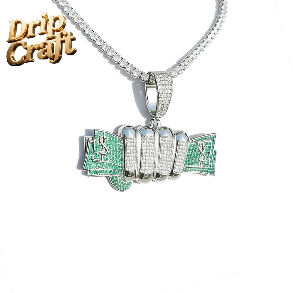 Hip-hop hand holding a green and white iced-out dollar pendant on a diamond chain copper-inlaid zircon trendy jewelry type beat