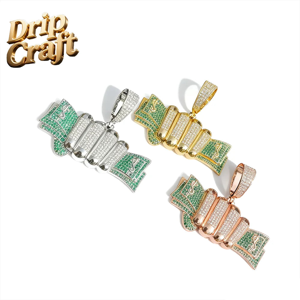 Three metallic hip-hop hand holding dollar pendant bags with green and clear cubic zirconia in silver gold and rose gold finishes