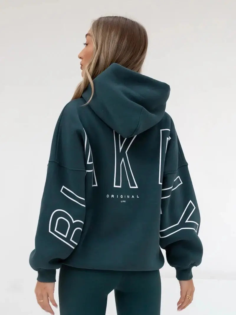 Dark green oversized hoodie men y2k with bold white outlined lettering on back and sleeves harajuku high street retro gothic punk style