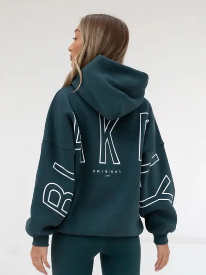 Dark green oversized hoodie men y2k with bold white outlined lettering on back and sleeves harajuku high street retro gothic punk style