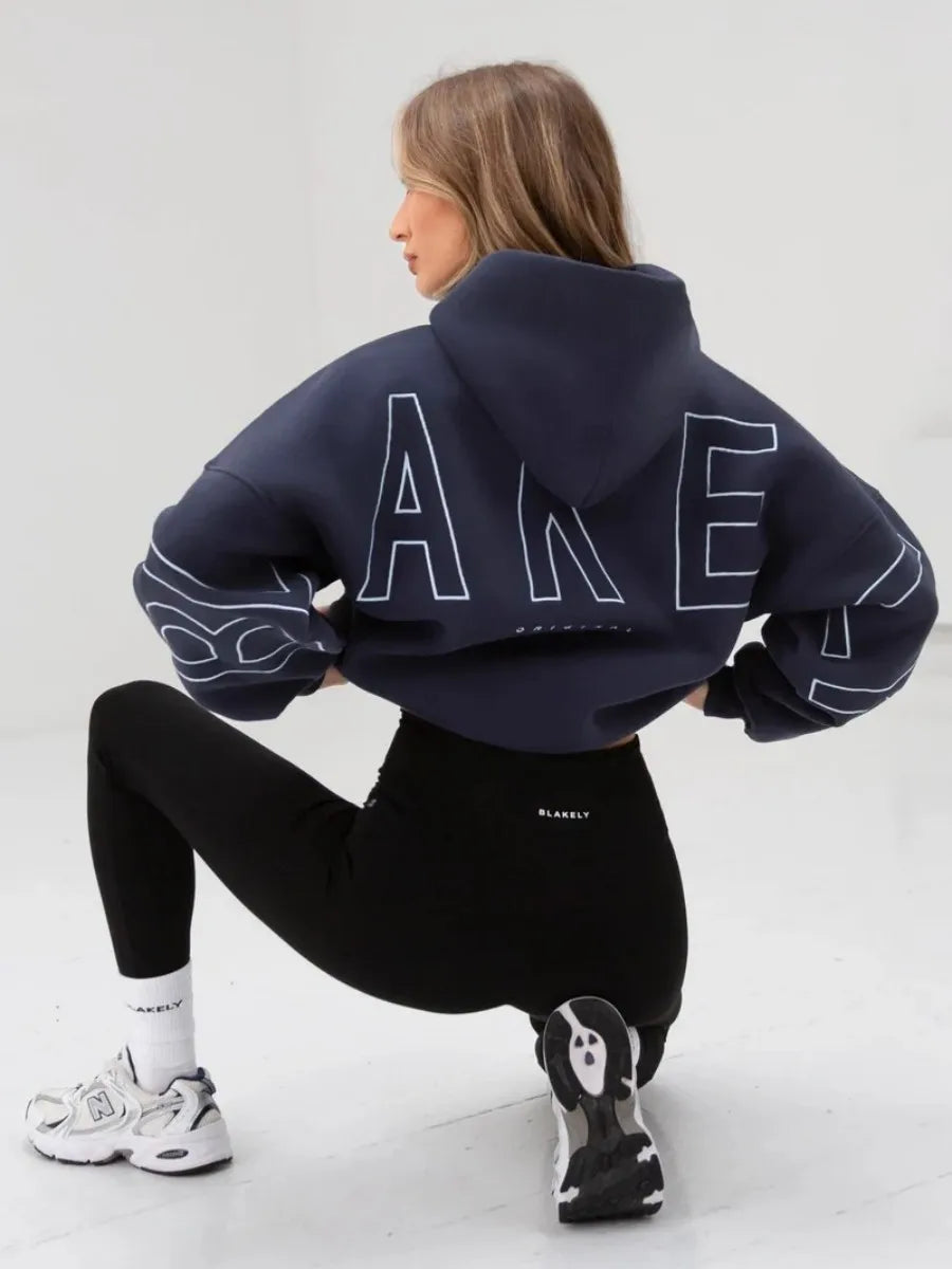 Navy blue oversized hoodie men y2k with bold white outlined lettering and matching sleeve graphics for harajuku high street style