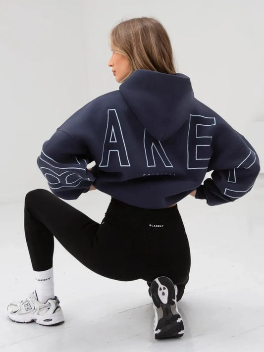 Navy blue oversized hoodie men y2k with bold white outlined lettering and matching sleeve graphics for harajuku high street style
